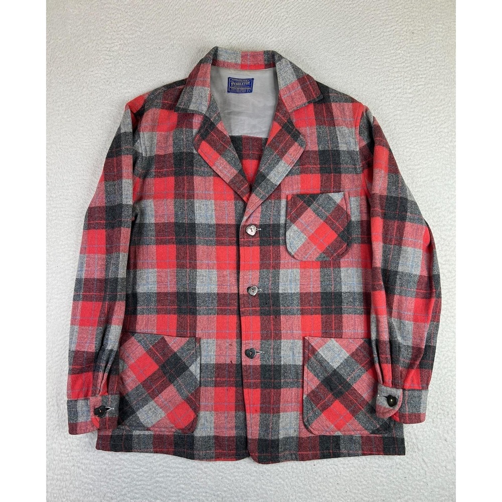 Vintage Pendleton Jacket Womens Large Red Plaid Wool Heart Buttons Outdoor